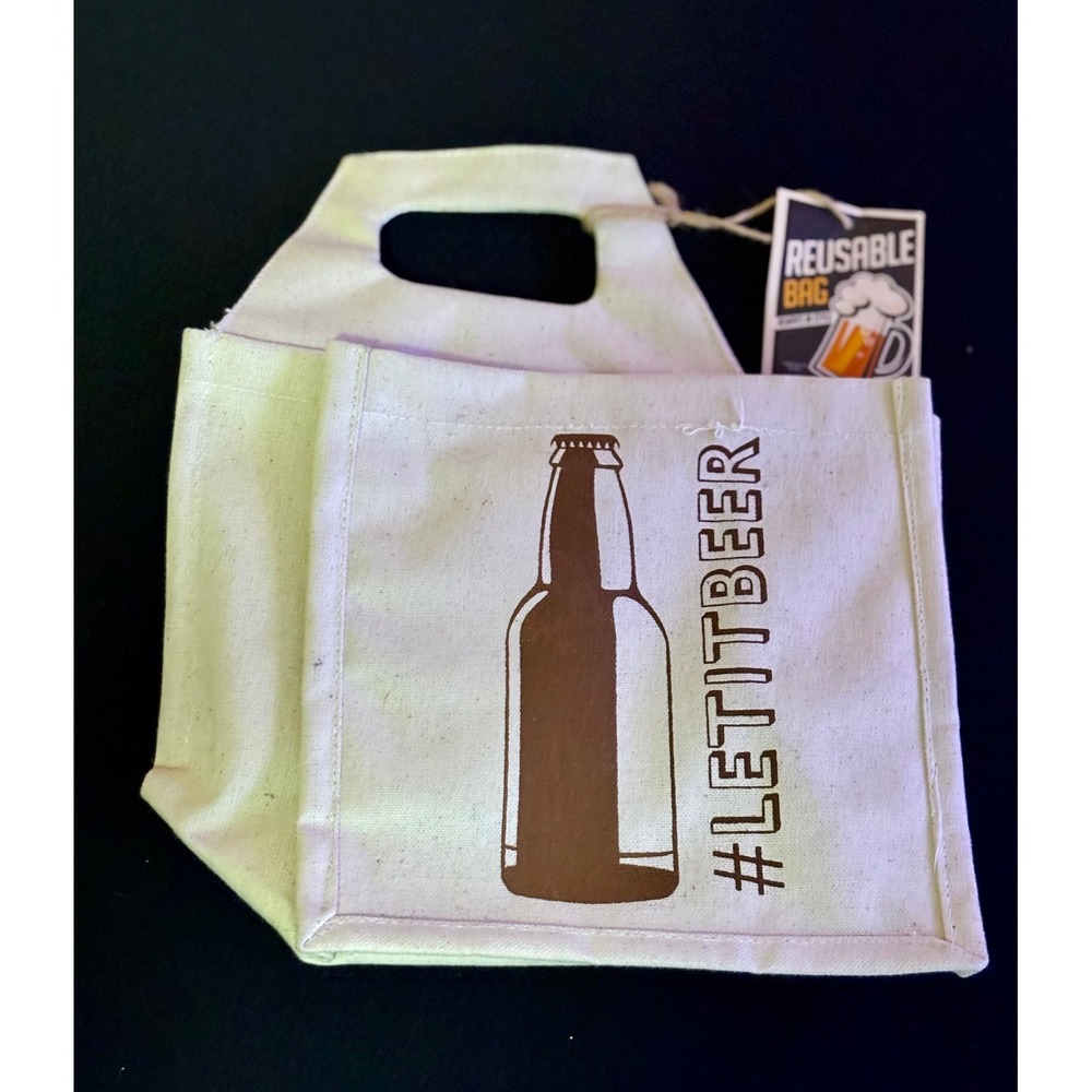 New Reusable Canvas 6 Pack Beer Bottle Carrier Bag Let It Beer Tote Cream Brown